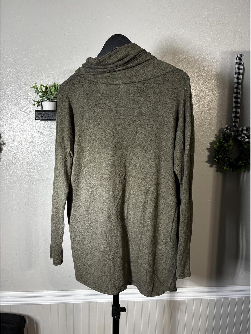 Olive Green Long Sleeve Cowl Neck Sweater with Eyelet Detail